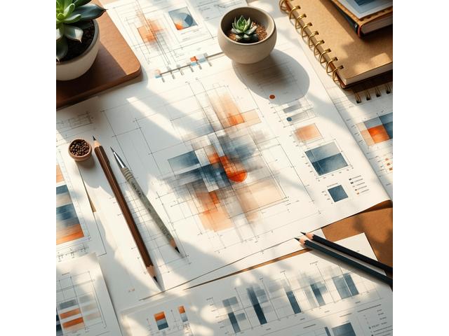 Creative workspace with sketches, branding, and UI/UX prototypes