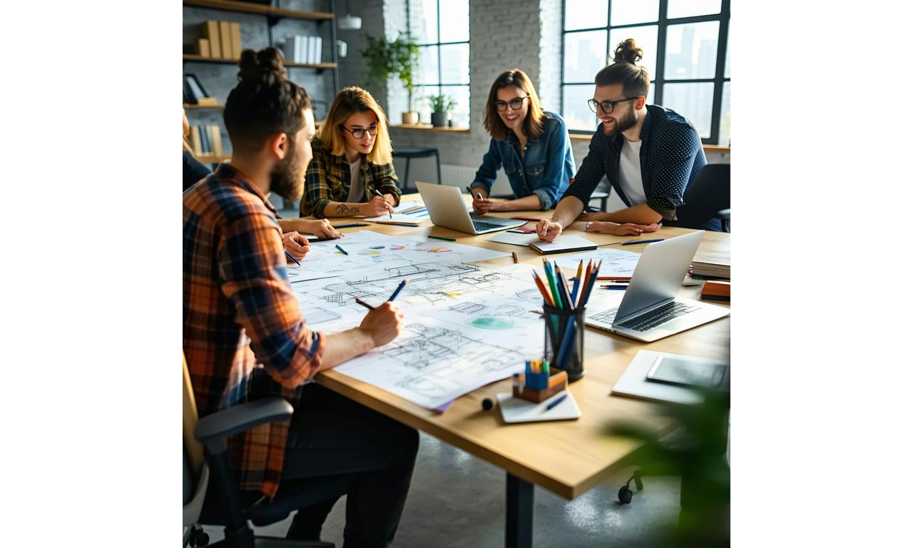 Creative team collaborating around a large workspace with sketches and digital tools, representing customized design solutions